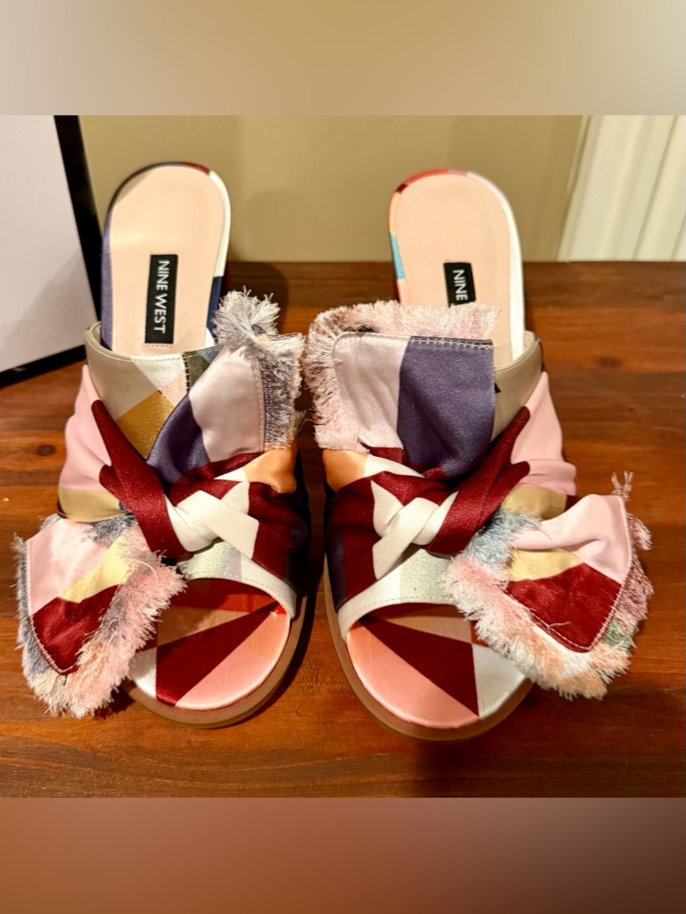 Nine West Multicolor Knot-Front Slide Mules in Pink, Red, Blue and Cream